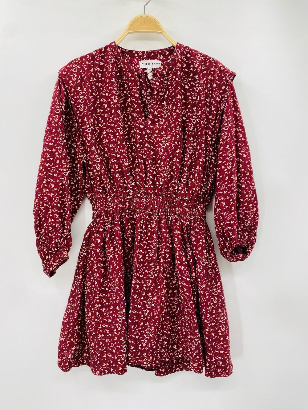 Apiece Apart Maroon Floral Smocked Waist Long Sleeve Mini Dress